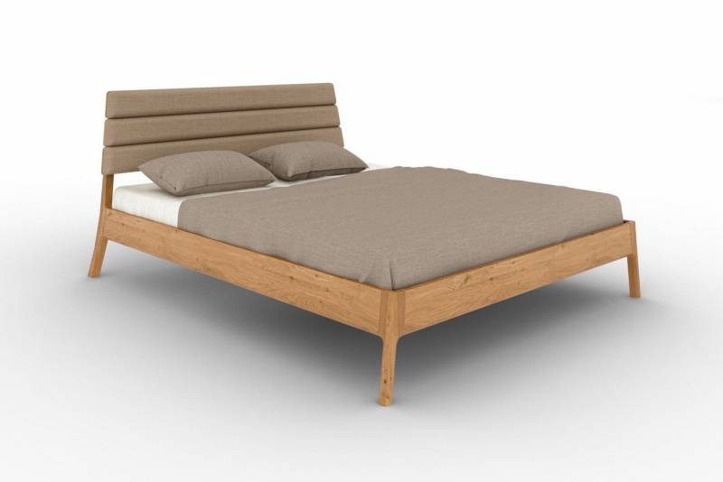 Natur24 Einzelbett Bett Swig 2 Sonderl. 160x210 Wildeiche Polsterkopfteil Beige Holzbeine von Natur24