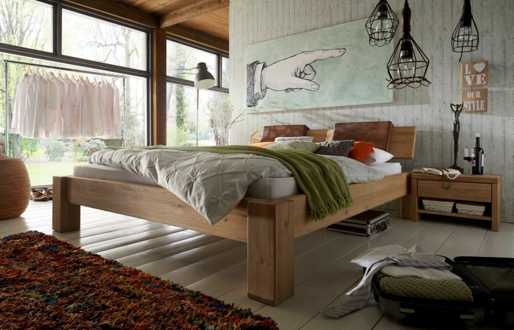 Natur24 Einzelbett Bett Viborg 140x200cm Wildeiche Bianco mit Kopfteil und 2 Hängekissen von Natur24