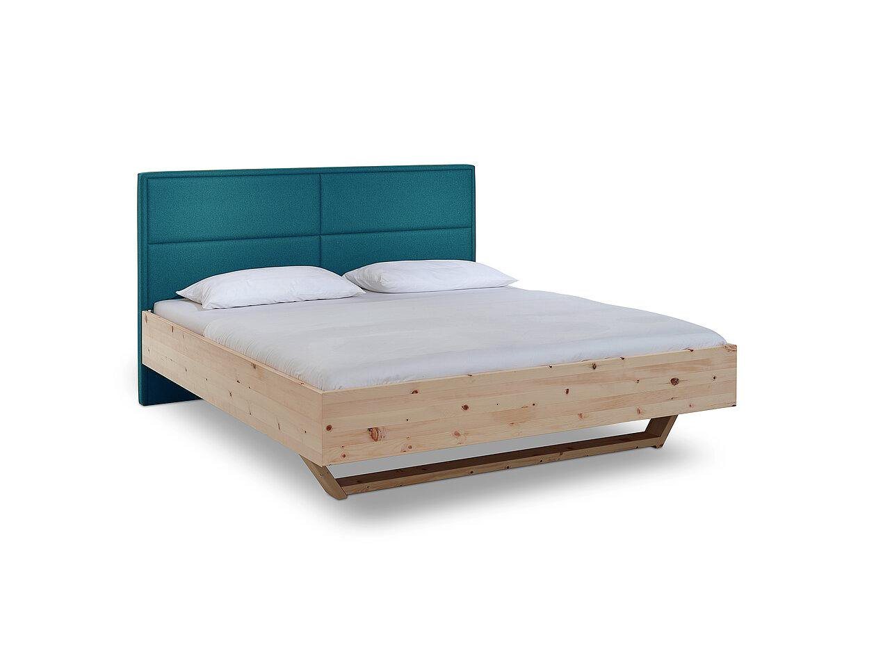 Natur24 Einzelbett Luganox Bett aus Zirbe massiv 160x200 cm mit Stoffkopfteil Petrol von Natur24