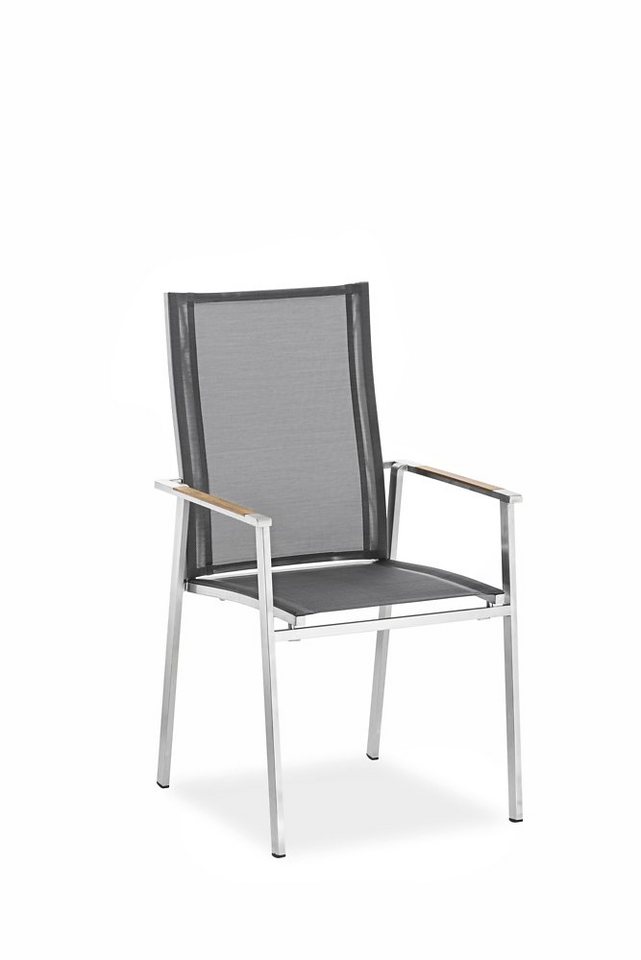 Natur24 Gartenstuhl Gartenstuhl Scaleax 57x64 Stoff Schwarz Armlehne Teak Gestell Silber von Natur24