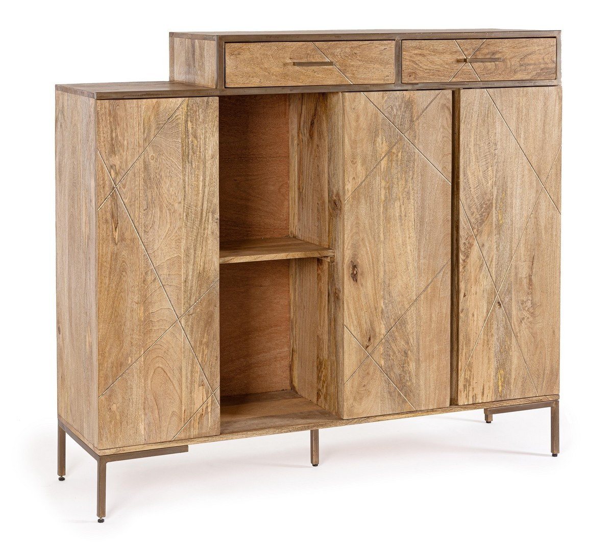 Natur24 Highboard Highboard Jaidev 145x40x132 Mango-Holz Metallgestell 3türig Schubladen von Natur24