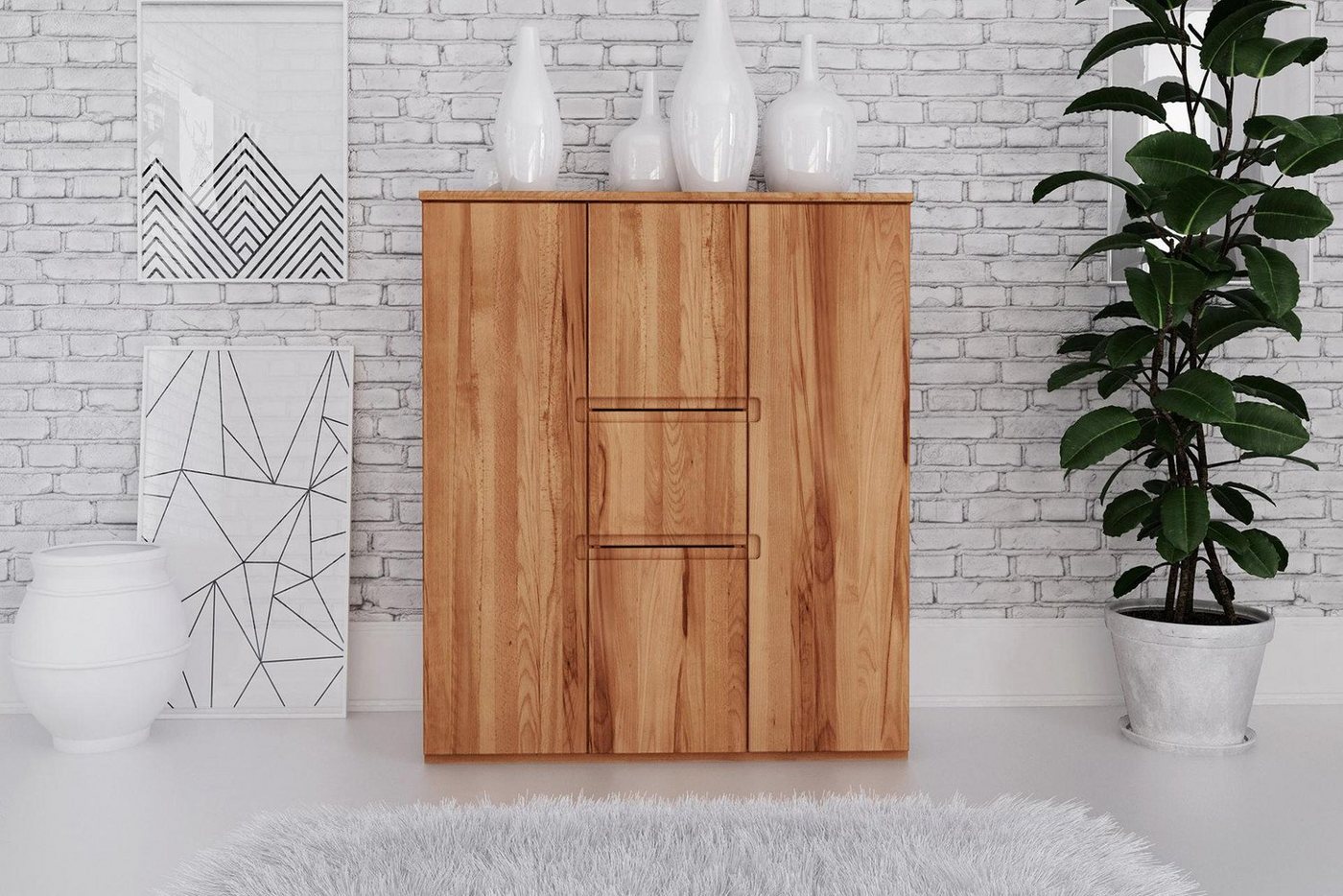 Natur24 Highboard Kommode Bento Kernbuche 111x45x129cm mit 4 Türen und 1 Schublade von Natur24