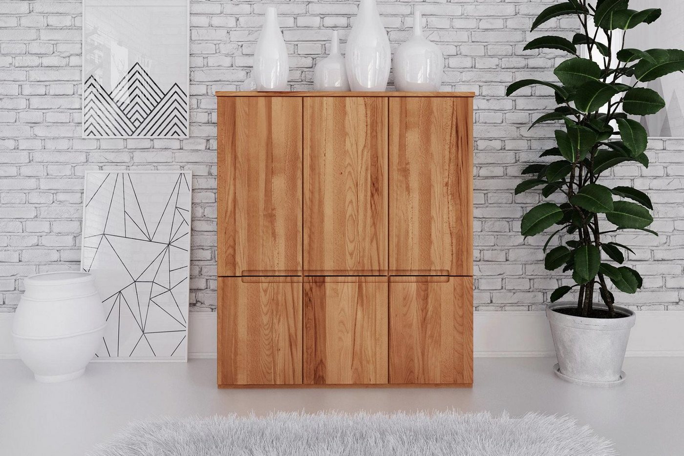 Natur24 Highboard Kommode Bento Kernbuche massiv 111x45x129cm mit 6 Türen von Natur24