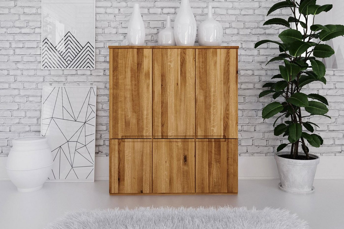 Natur24 Highboard Kommode Bento Wildeiche massiv 111x45x129cm mit 6 Türen von Natur24