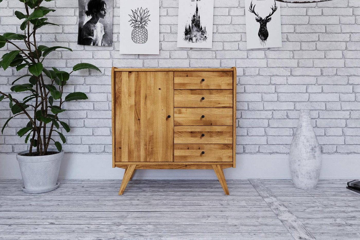 Natur24 Highboard Kommode Jetro Wildeiche massiv 100x105x50cm mit 5 Schubladen und 1 Tür von Natur24