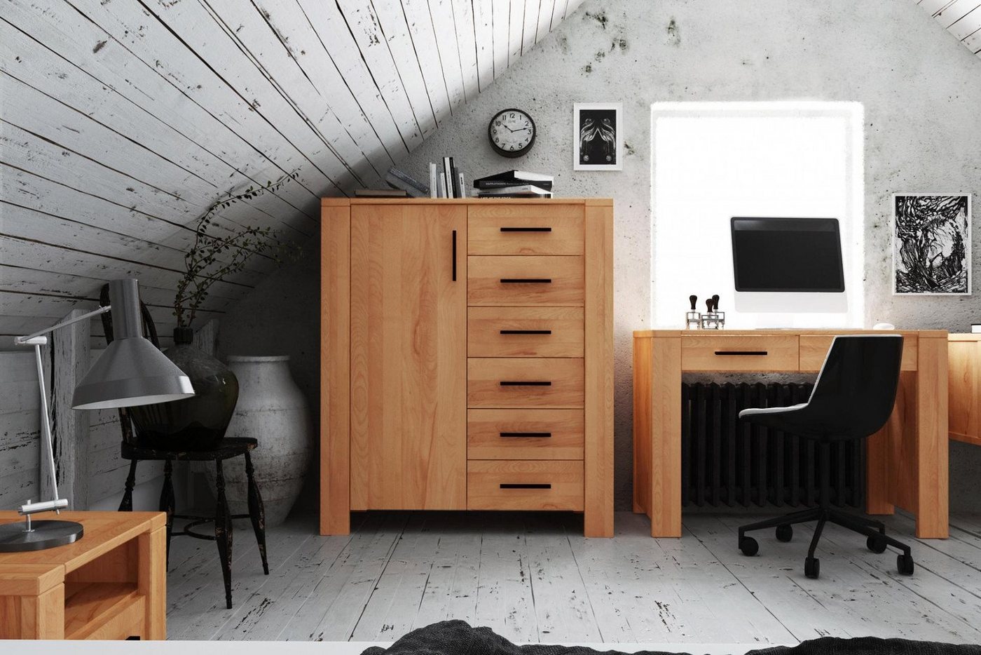 Natur24 Highboard Kommode Lubic Kernbuche 111x45x128 mit 1 Tür 6 Schubladen Holzbeinen von Natur24