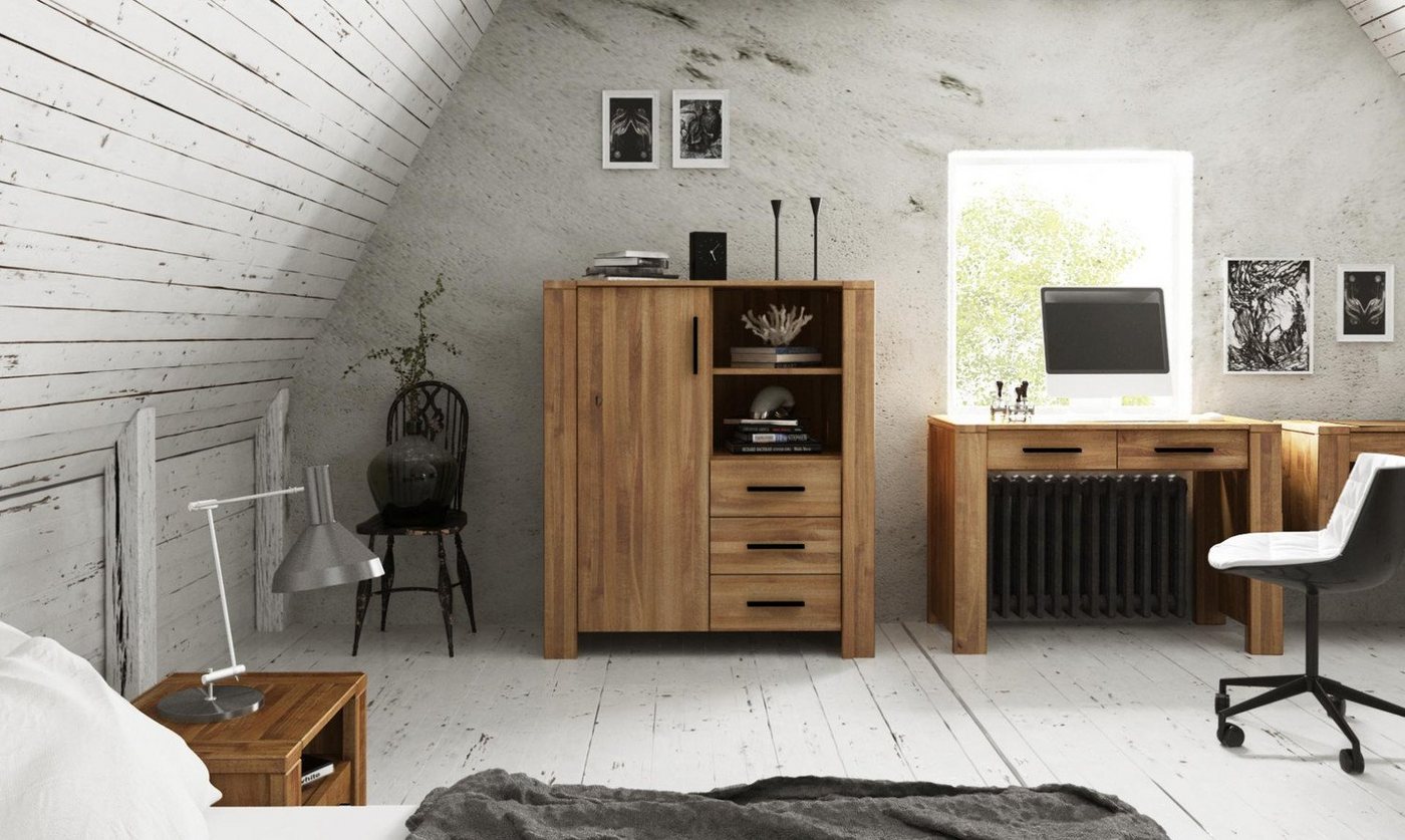 Natur24 Highboard Kommode Lubic Wildeiche 111x45x128 mit 1 Tür 3 Schubladen 2 Fächern von Natur24