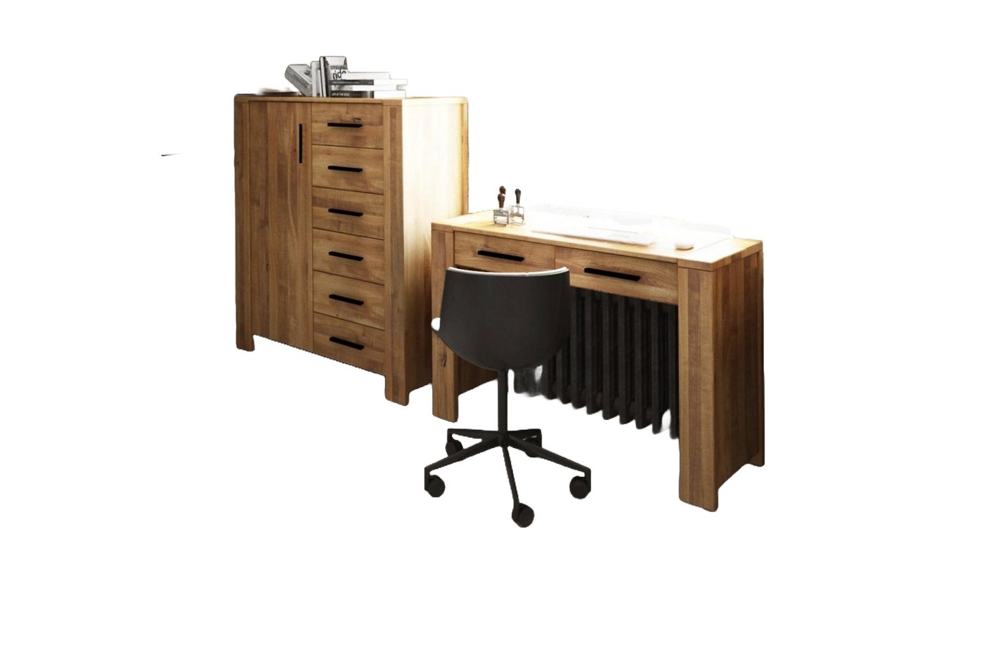 Natur24 Highboard Kommode Lubic Wildeiche 111x45x128 mit 1 Tür 6 Schubladen Holzbeinen von Natur24