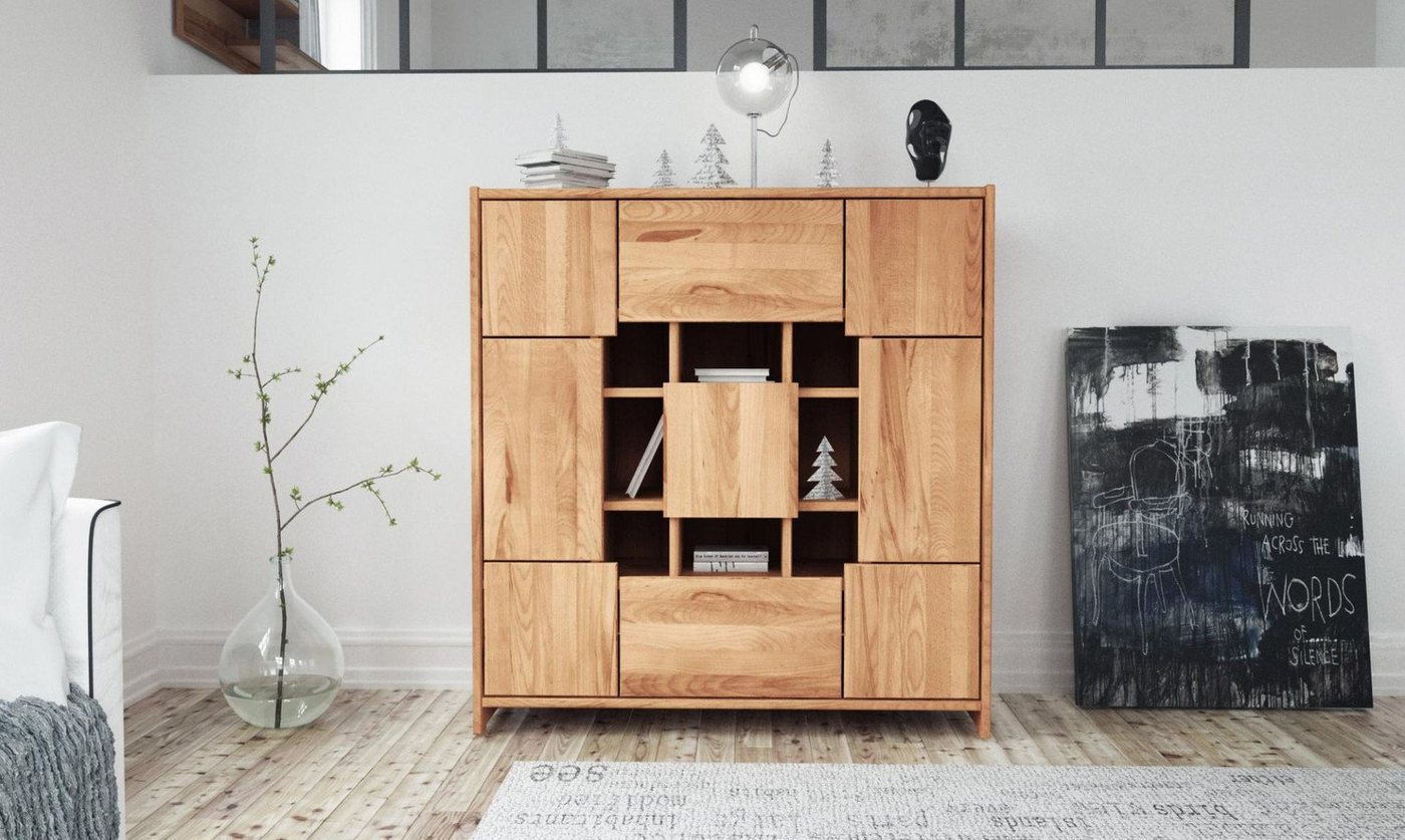 Natur24 Highboard Kommode Zigo Kernbuche 112x41x119 mit 3 Schubladen 6 Türen 8 Fächern von Natur24