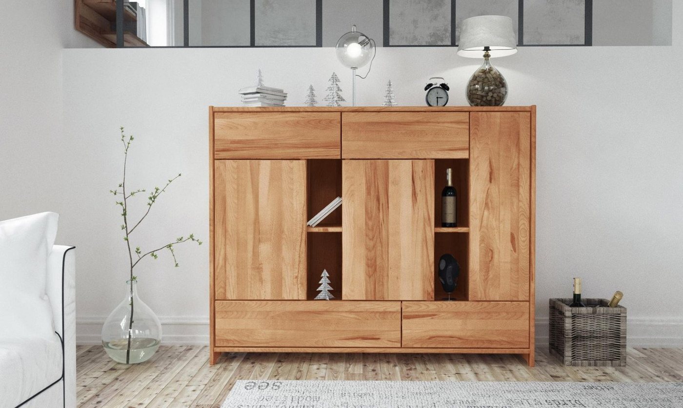 Natur24 Highboard Kommode Zigo Kernbuche 148x41x119 mit 4 Schubladen 3 Türen 4 Fächern von Natur24