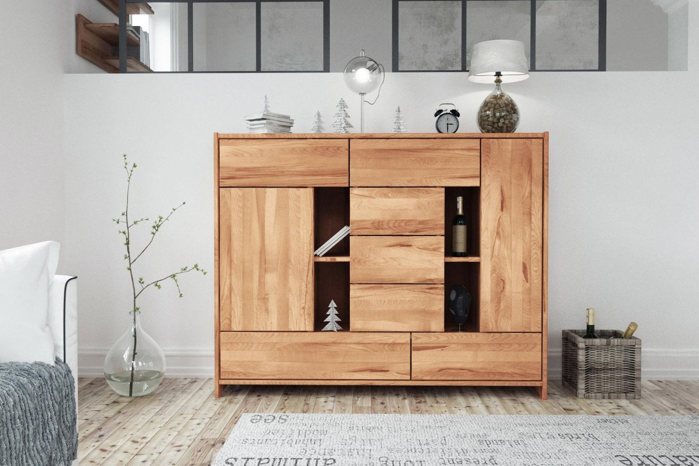 Natur24 Highboard Kommode Zigo Kernbuche 148x41x119 mit 7 Schubladen 2 Türen 4 Fächern von Natur24