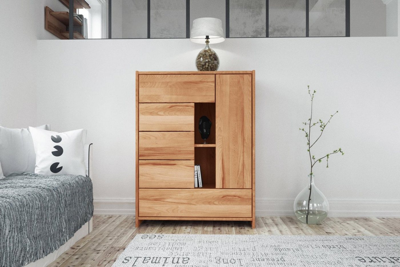 Natur24 Highboard Kommode Zigo Kernbuche 90x41x119 mit 5 Schubladen 1 Tür 2 Fächern von Natur24