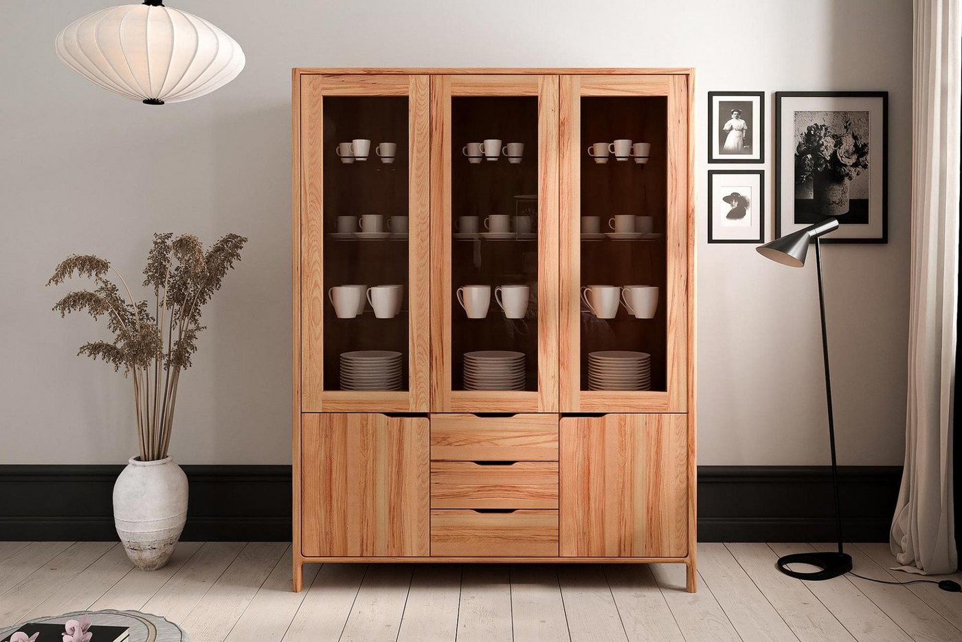 Natur24 Highboard Vitrine Swig 140x188 Kernbuche massiv 2 Türen 3 Glastüren 3 Schubladen von Natur24