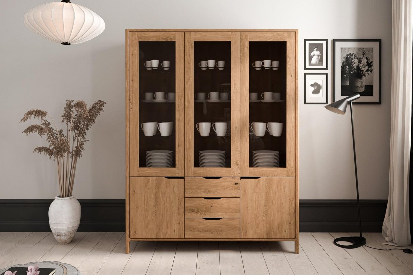 Natur24 Highboard Vitrine Swig 140x188 Wildeiche massiv 2 Türen 3 Glastüren 3 Schubladen von Natur24