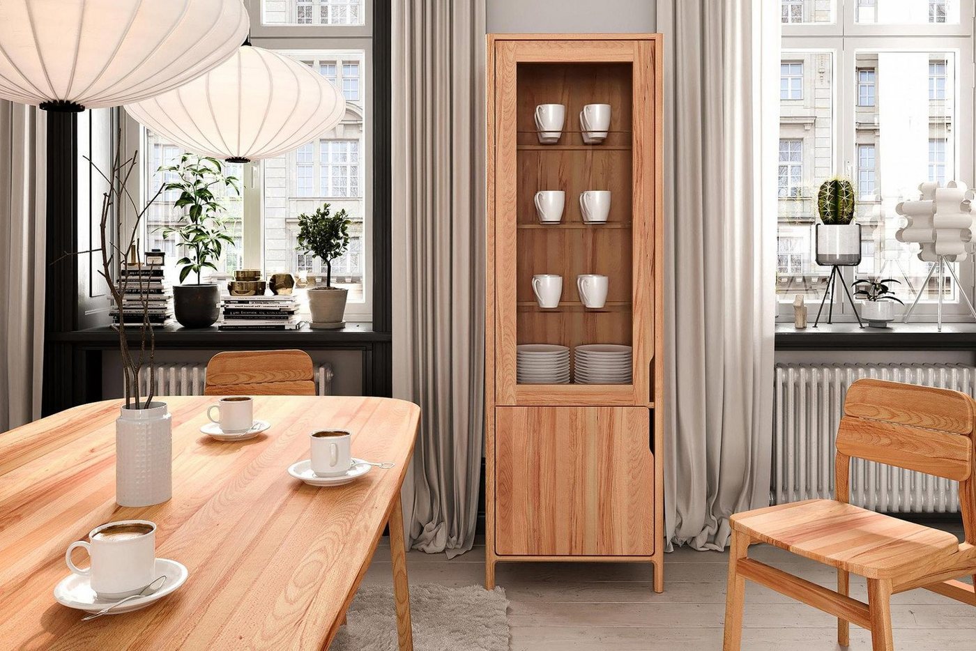 Natur24 Highboard Vitrine Swig aus Kernbuche massiv geölt 59x188 mit 1 Tür und 1 Glastür von Natur24