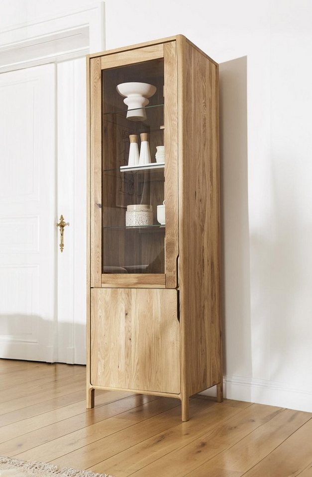 Natur24 Highboard Vitrine Swig aus Wildeiche massiv geölt 59x188 mit 1 Tür und 1 Glastür von Natur24