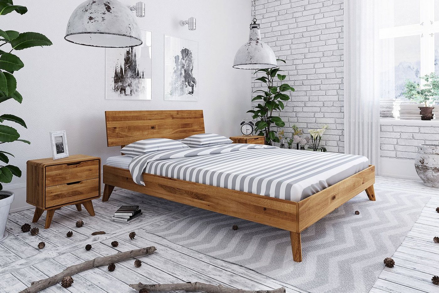 Natur24 Bett »Bett Gerg 1 aus Wildeiche massiv 180x200 cm mit Holzkopfteil und Holzbeinen« von Natur24