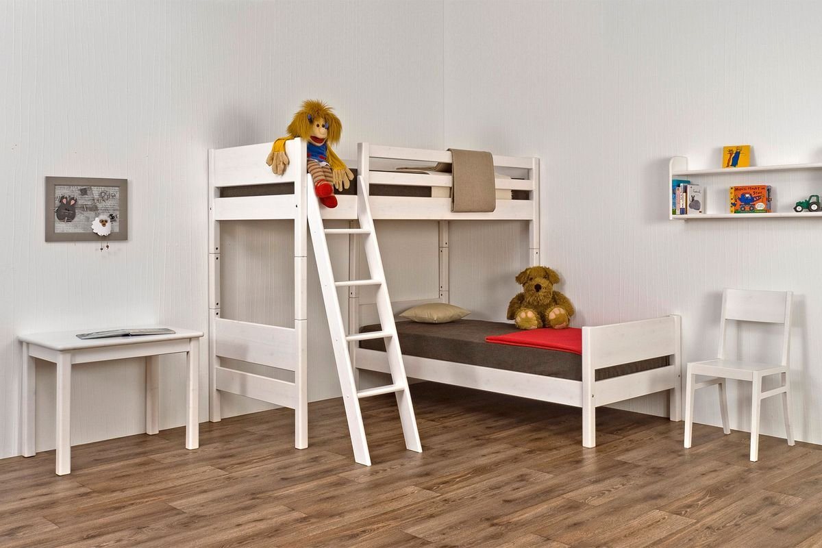 Natur24 Kinderbett Eck-Stockbett Castello 90x200 Buche Nuss gebeizt und lackiert Leiter von Natur24