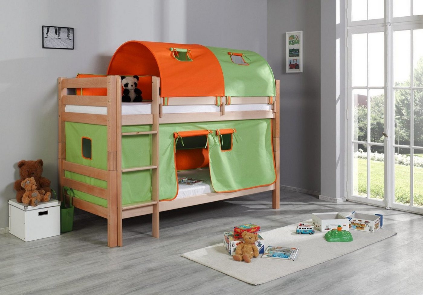 Natur24 Kinderbett Etagenbett Benni Natur Lackiert Buche Massiv 90x200 cm mit Rollrosten von Natur24