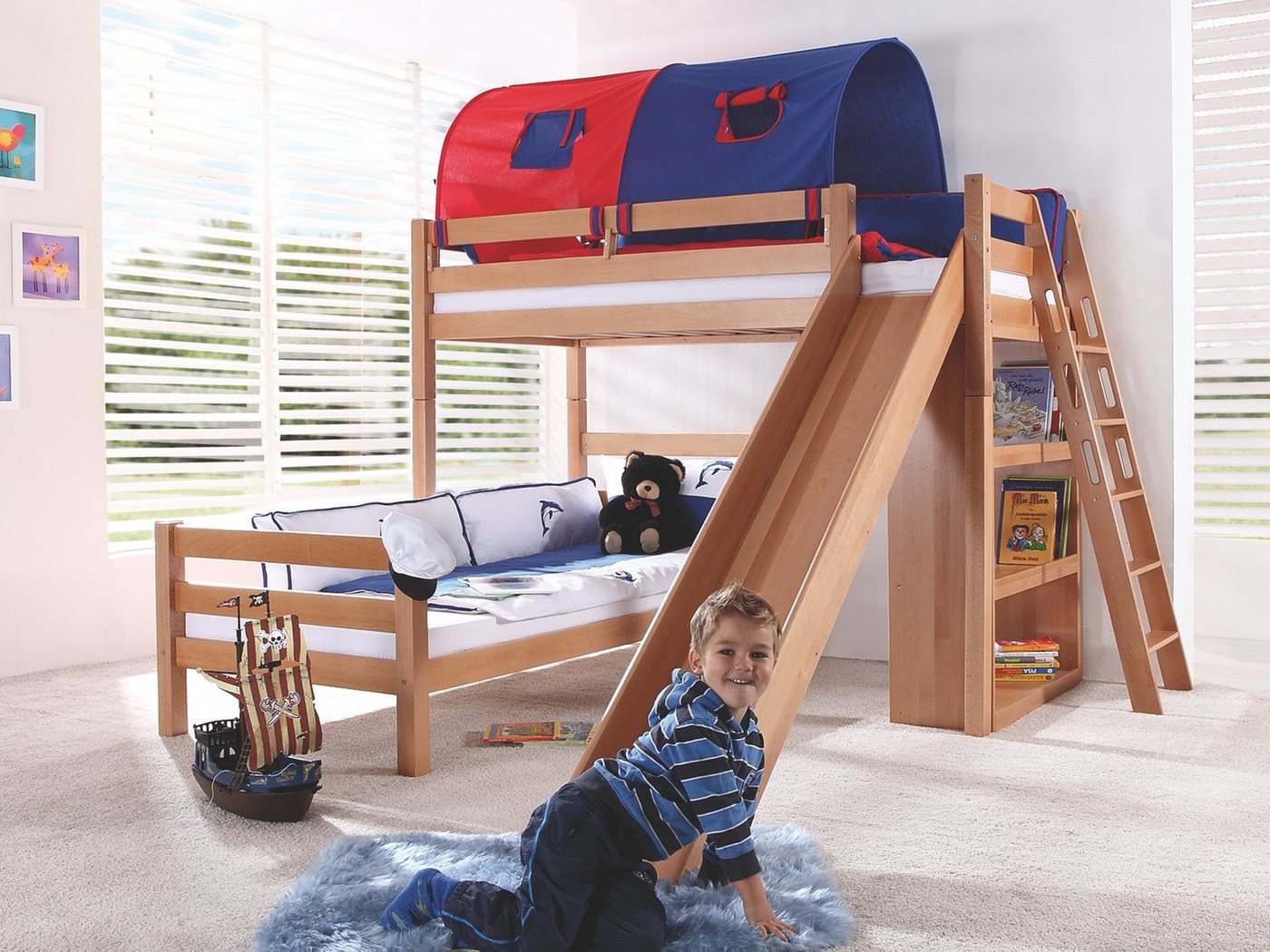 Natur24 Kinderbett Etagenbett Sky Buche massiv Natur lackiert mit Tunnel Bett von Natur24