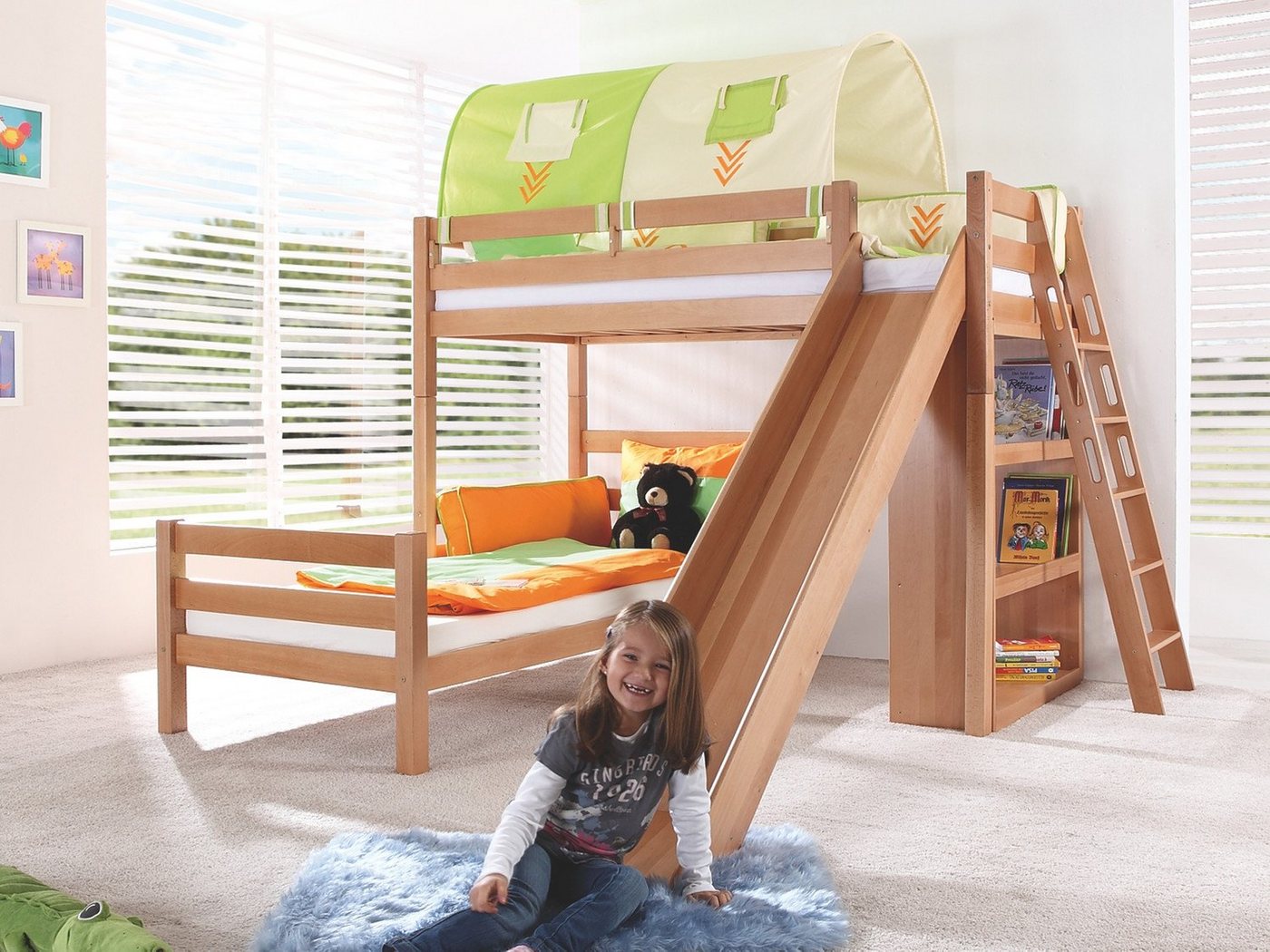 Natur24 Kinderbett Etagenbett Sky Buche massiv Natur lackiert mit Tunnel Bett von Natur24