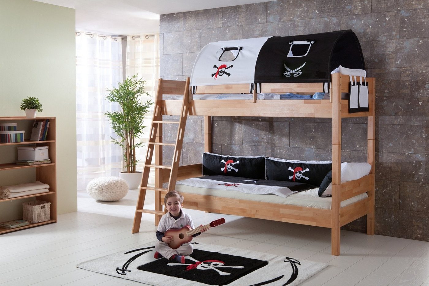 Natur24 Kinderbett Etagenbett Steffan Buche massiv Natur lackiert Bett mit Tunnel von Natur24