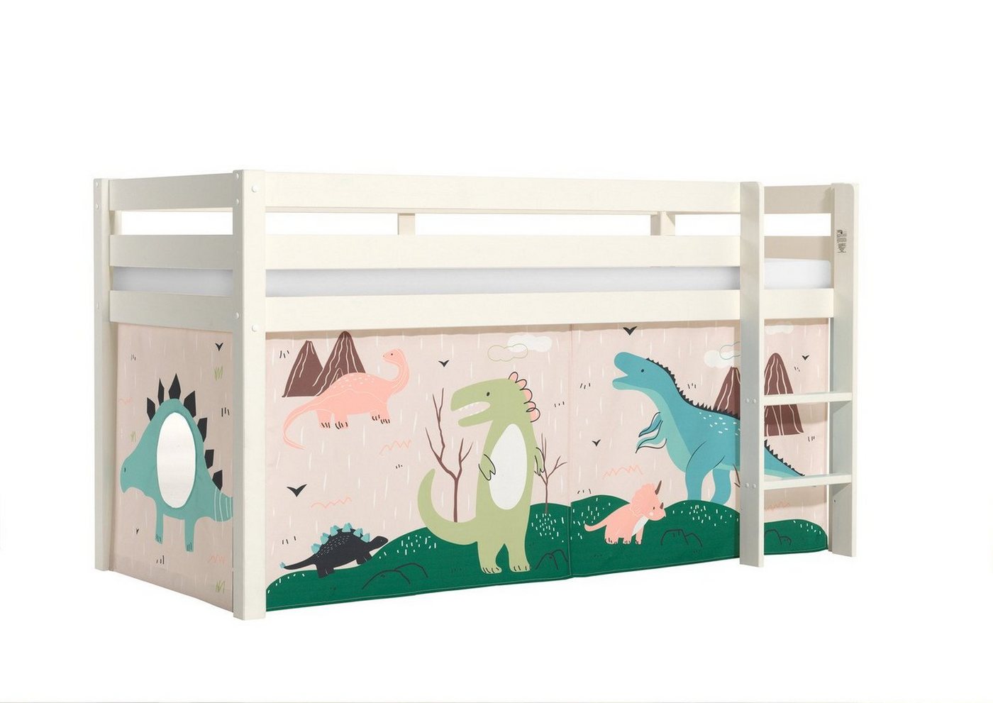 Natur24 Kinderbett Halbhohes Bett Pino mit Textilset Dino Kiefer Weiß lackiert von Natur24