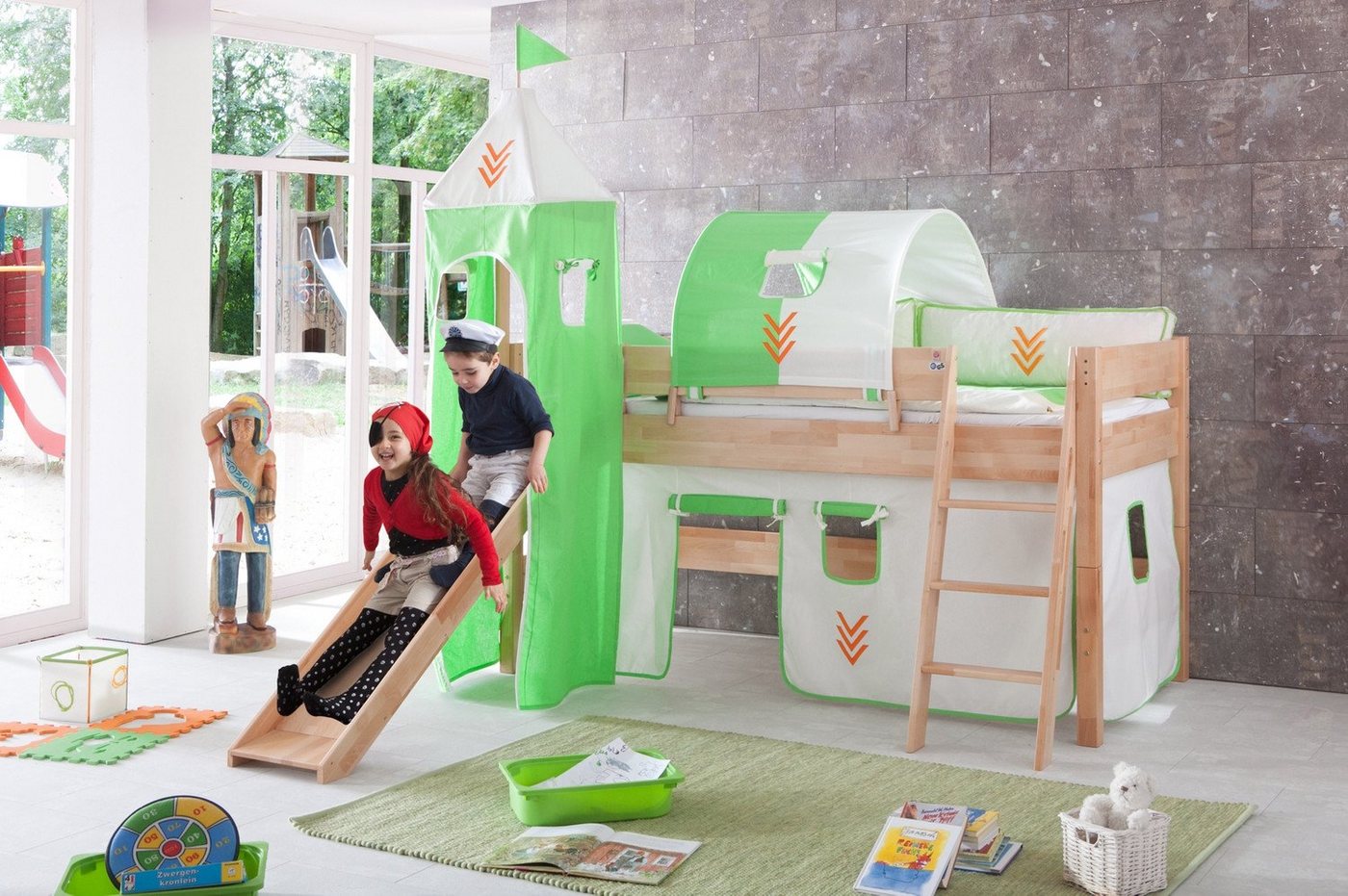 Natur24 Kinderbett Halbhohes Einzelbett Kim Buche 90x200cm mit Rutsche und Textilset von Natur24
