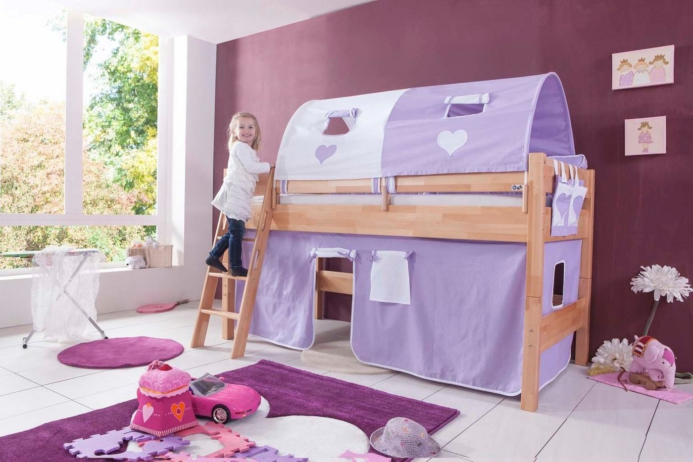 Natur24 Kinderbett »Halbhohes Einzelbett Kim Buche massiv lackiert 90x200 cm mit Textilset« von Natur24