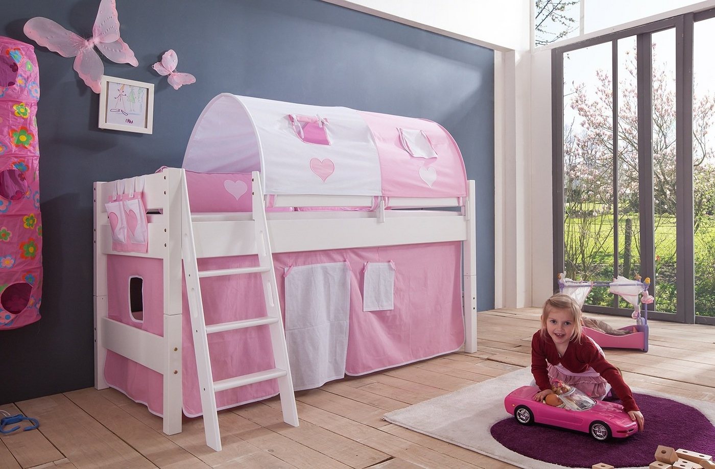 Natur24 Kinderbett »Halbhohes Einzelbett Kim Buche massiv weiß lackiert 90x200 cm mit Textilset« von Natur24