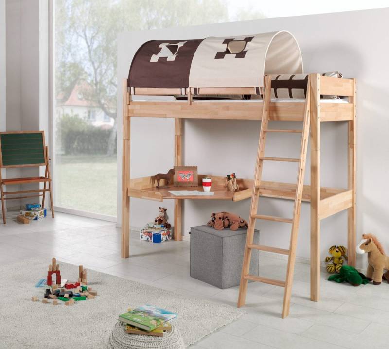 Natur24 Kinderbett Hochbett Renate Buche Massiv Natur lackiert mit Schreibtisch und Textilset von Natur24