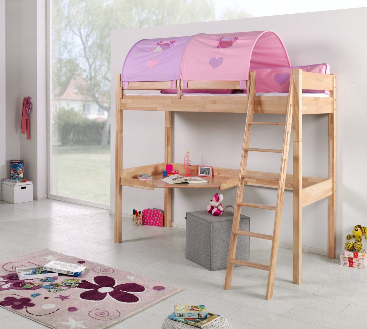 Natur24 Kinderbett Hochbett Renate Buche Massiv Natur lackiert mit Schreibtisch und Textilset von Natur24