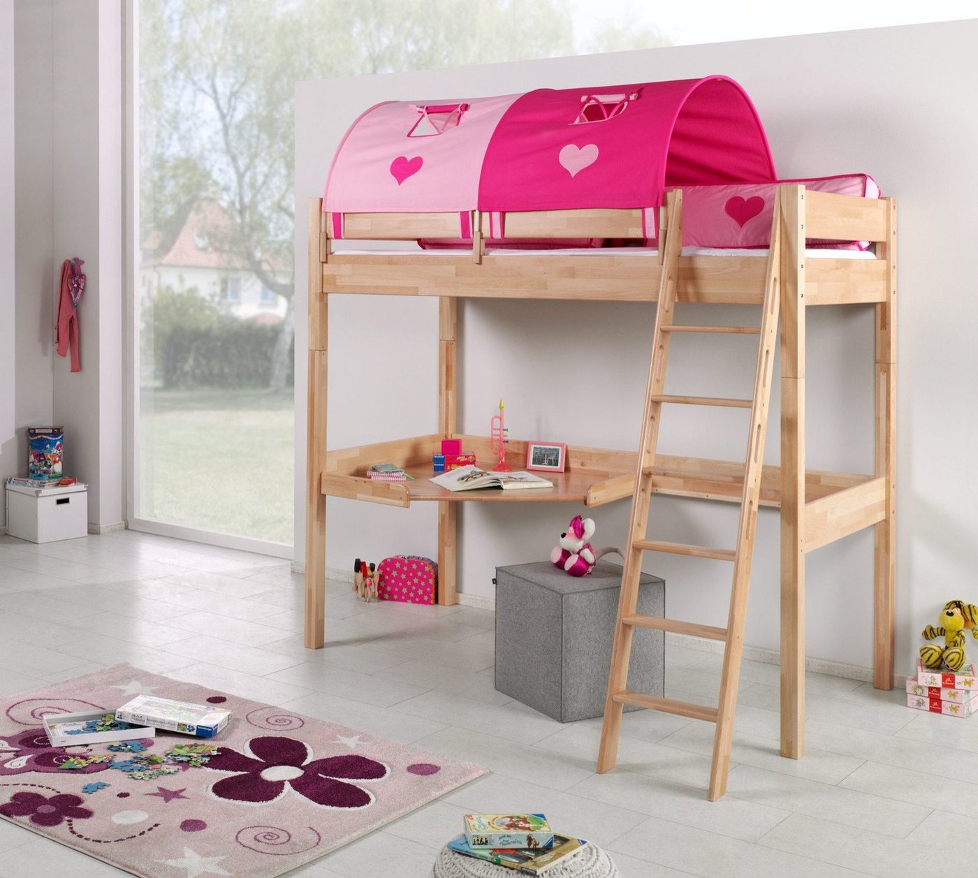 Natur24 Kinderbett Hochbett Renate Buche Massiv Natur lackiert mit Schreibtisch und Textilset von Natur24