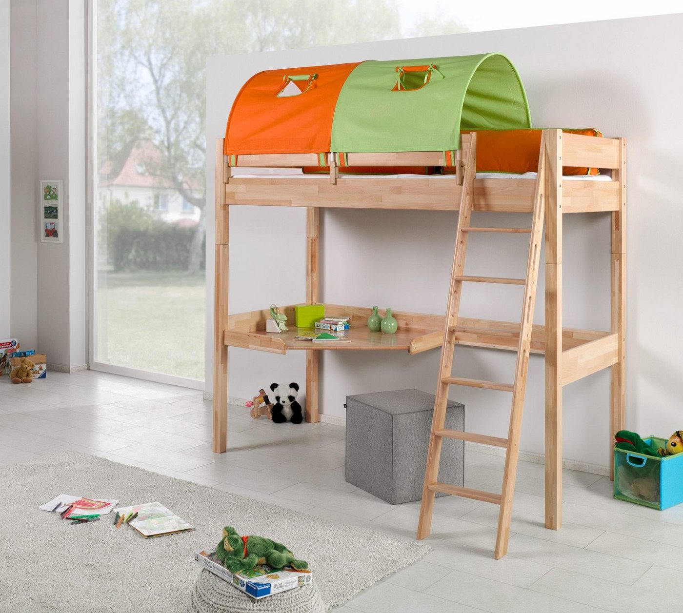 Natur24 Kinderbett Hochbett Renate Buche Massiv Natur lackiert mit Schreibtisch und Textilset von Natur24