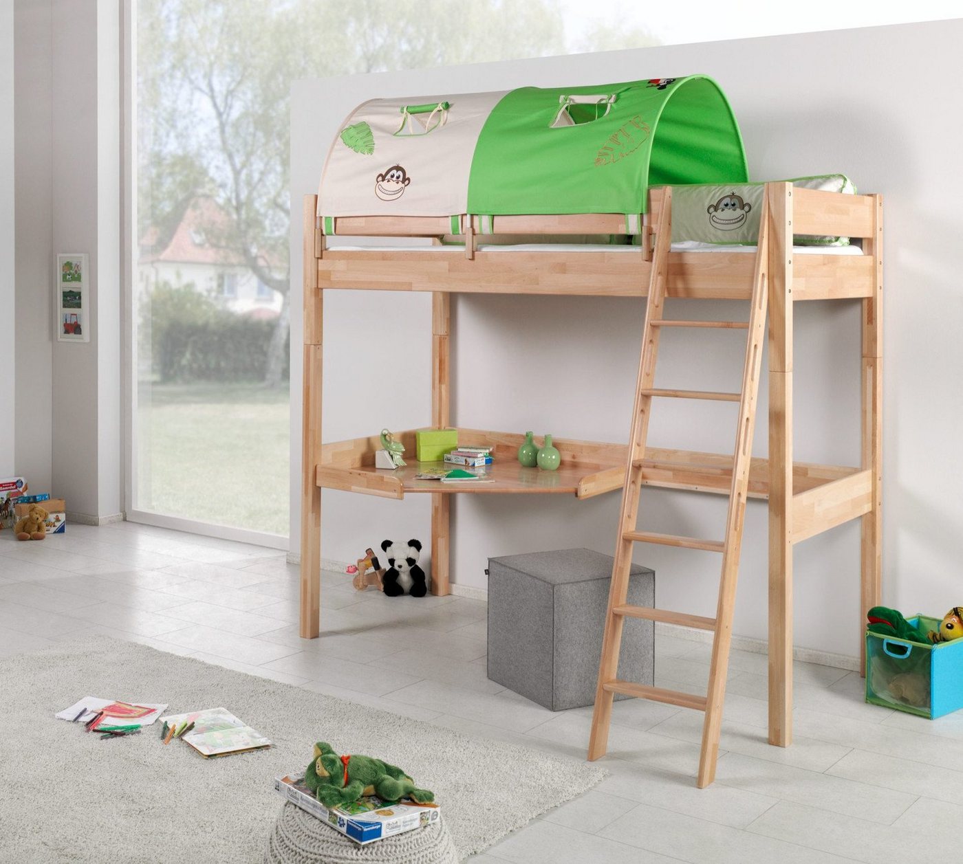 Natur24 Kinderbett Hochbett Renate Buche Massiv Natur lackiert mit Schreibtisch und Textilset von Natur24