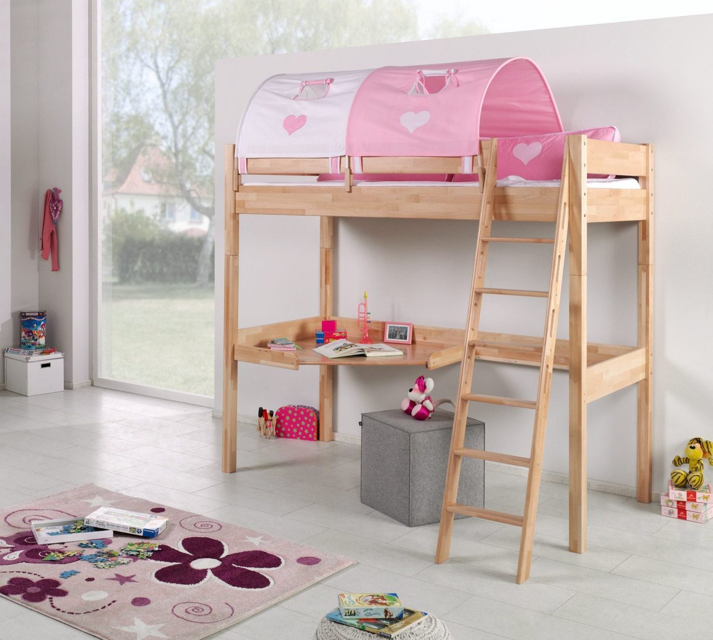 Natur24 Kinderbett Hochbett Renate Buche Massiv Natur lackiert mit Schreibtisch und Textilset von Natur24