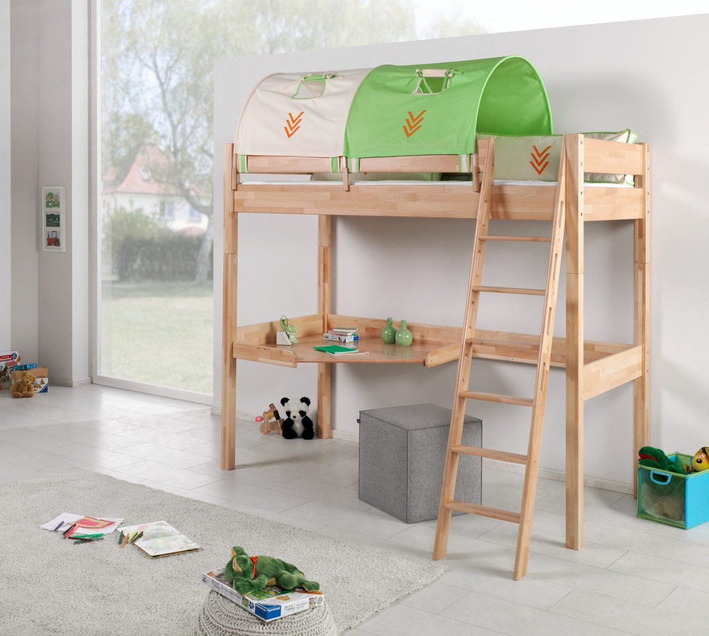 Natur24 Kinderbett Hochbett Renate Buche Massiv Natur lackiert mit Schreibtisch und Textilset von Natur24