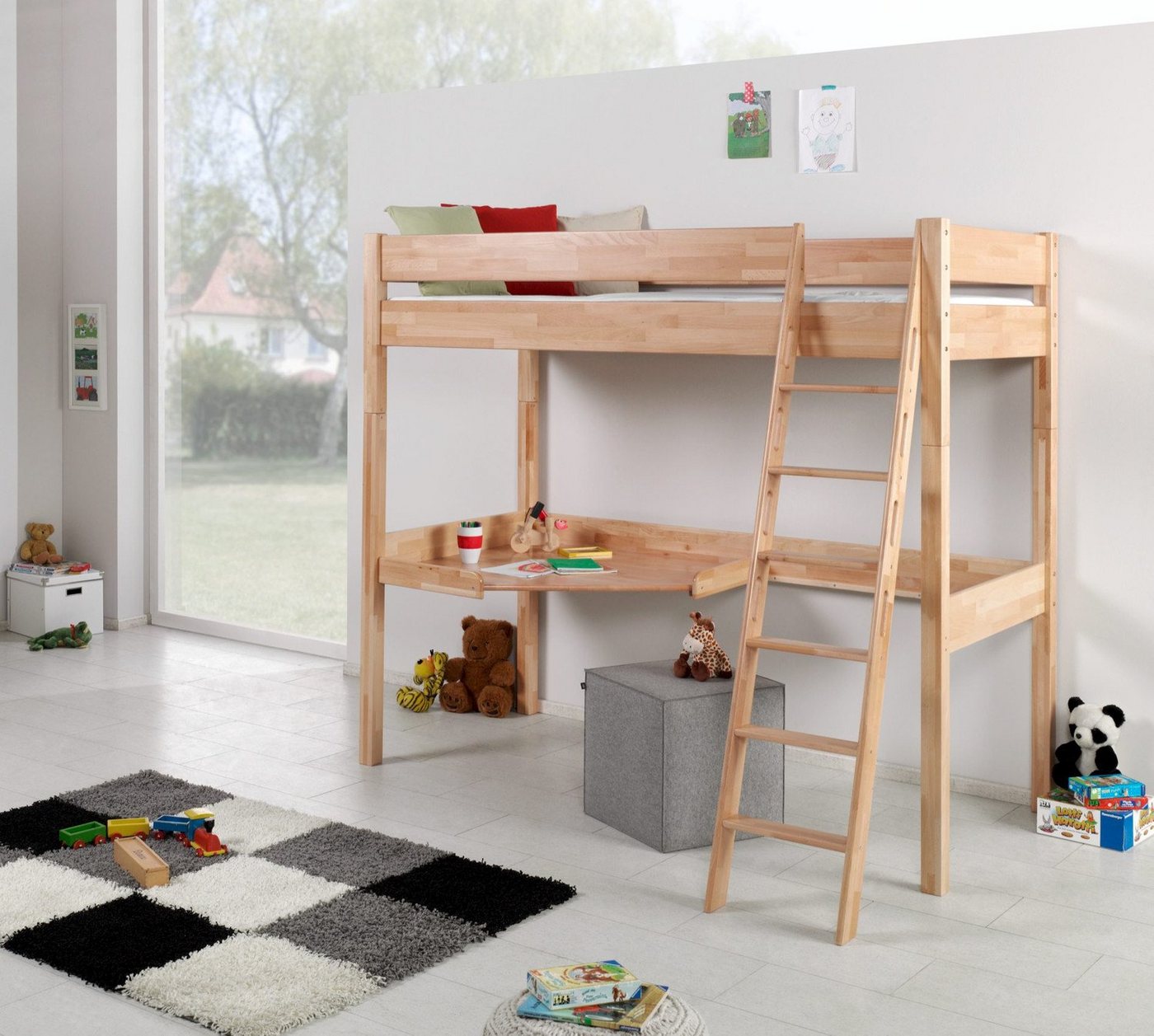 Natur24 Kinderbett Hochbett Renate Buche Massiv Natur lackiert mit Schreibtisch Bett von Natur24