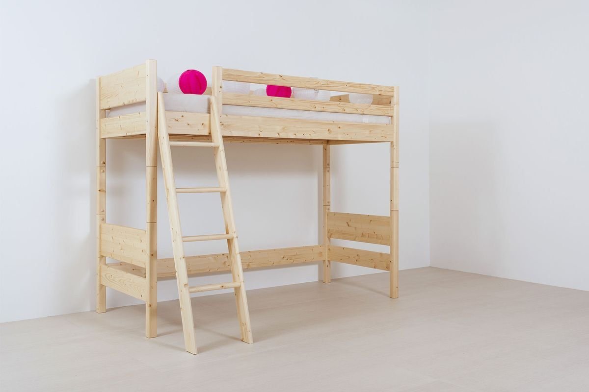 Natur24 Kinderbett Kinder-Hochbett Castello 90x200 Buche Nuss gebeizt und lackiert Leiter von Natur24