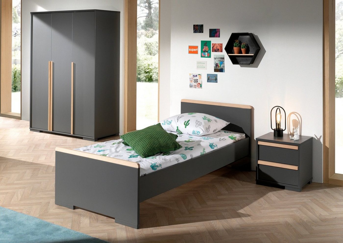 Natur24 Kinderbett London Set 3-tlg Einzelbett Nachtkonsole Kleiderschrank Buche Grau von Natur24