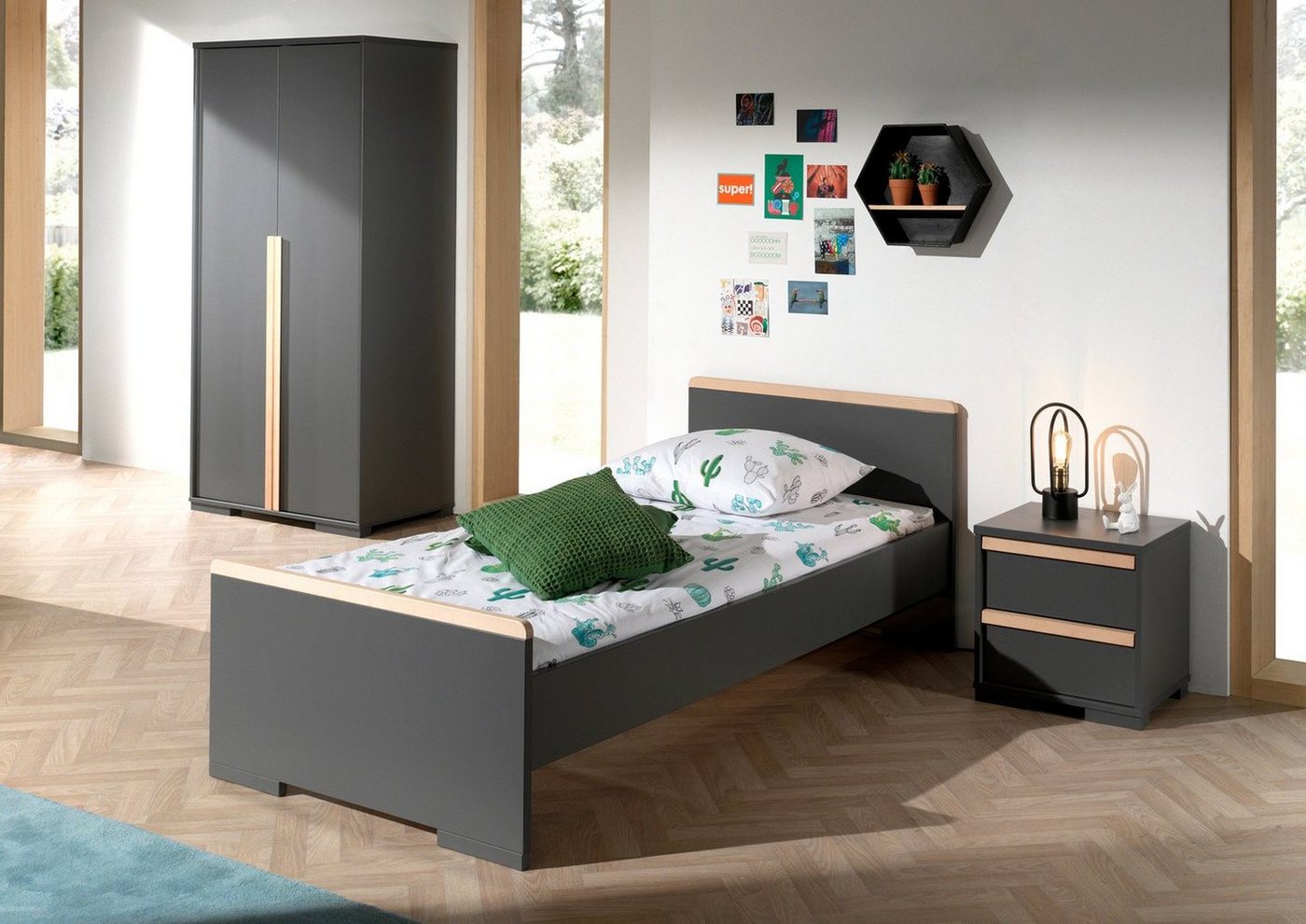 Natur24 Kinderbett London Set 3-tlg Einzelbett Nachtkonsole Kleiderschrank Buche Grau von Natur24