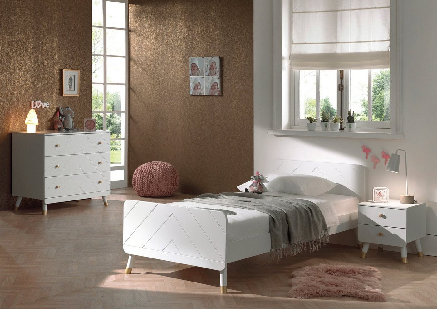 Natur24 Kinderbett Set BILY Einzelbett mit Nachtkonsole und Kommode MDF Weiß von Natur24