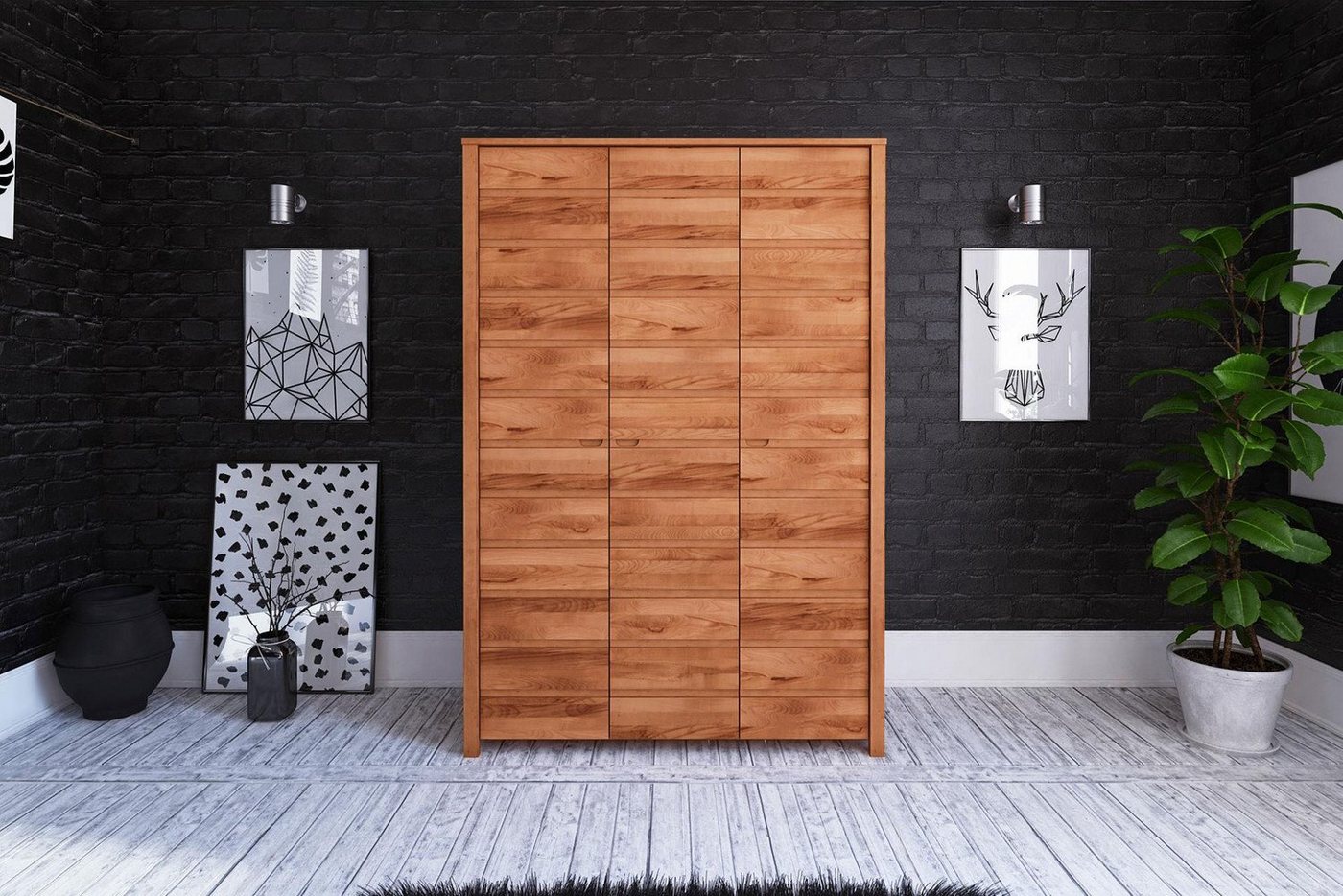 Natur24 Kleiderschrank Kleiderschrank Tinci Kernbuche 145x60x212 mit 3 Türen und Holzbeinen von Natur24