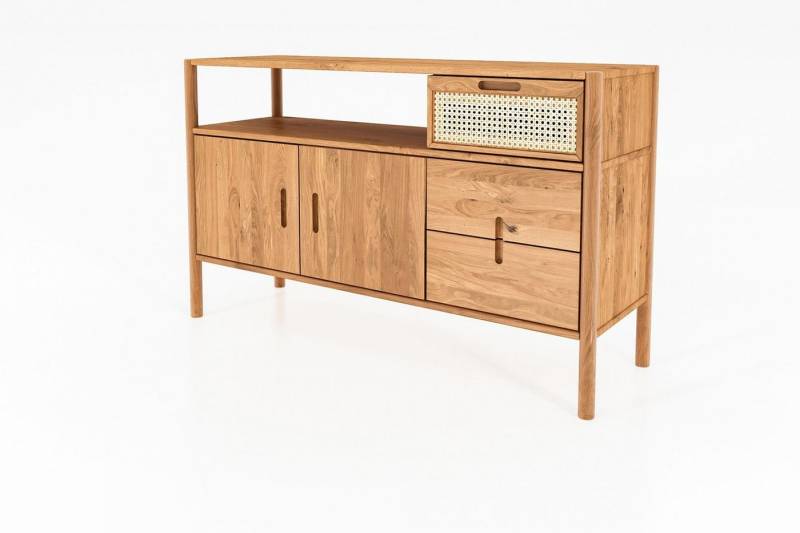 Natur24 Kommode Kommode Zola Wildeiche massiv Rattan 142x86 cm 3 Schubladen 2 Türen von Natur24