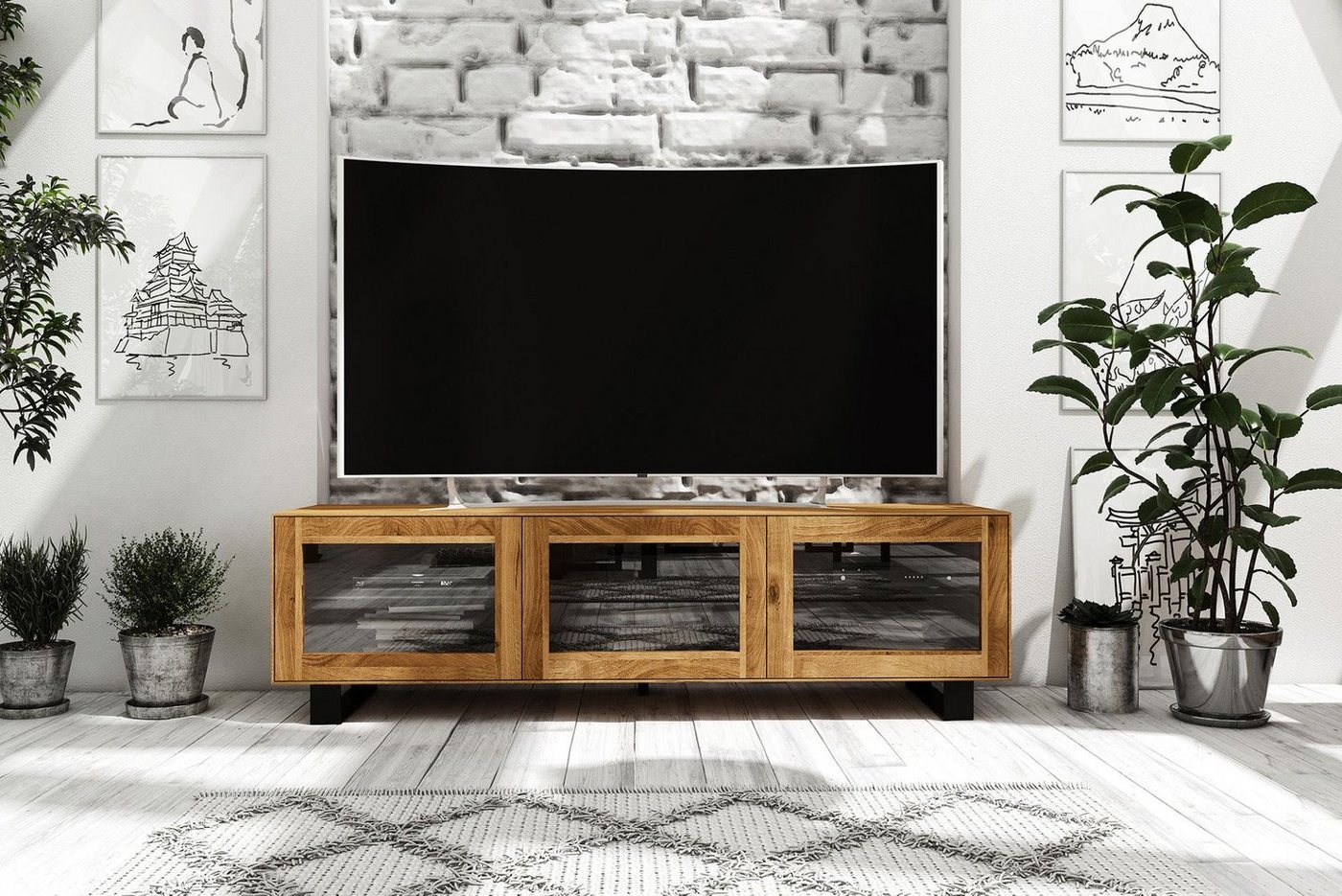 Natur24 Lowboard TV-Board Leeds Wildeiche 198x50x56 gestell Schwarz und 3 Türen von Natur24