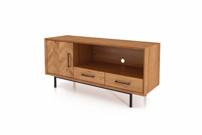 Natur24 Lowboard TV-Board Seiba Wildeiche 144x45x65 Fischgrät 1 Tür 2 Schubladen 1 Fach von Natur24