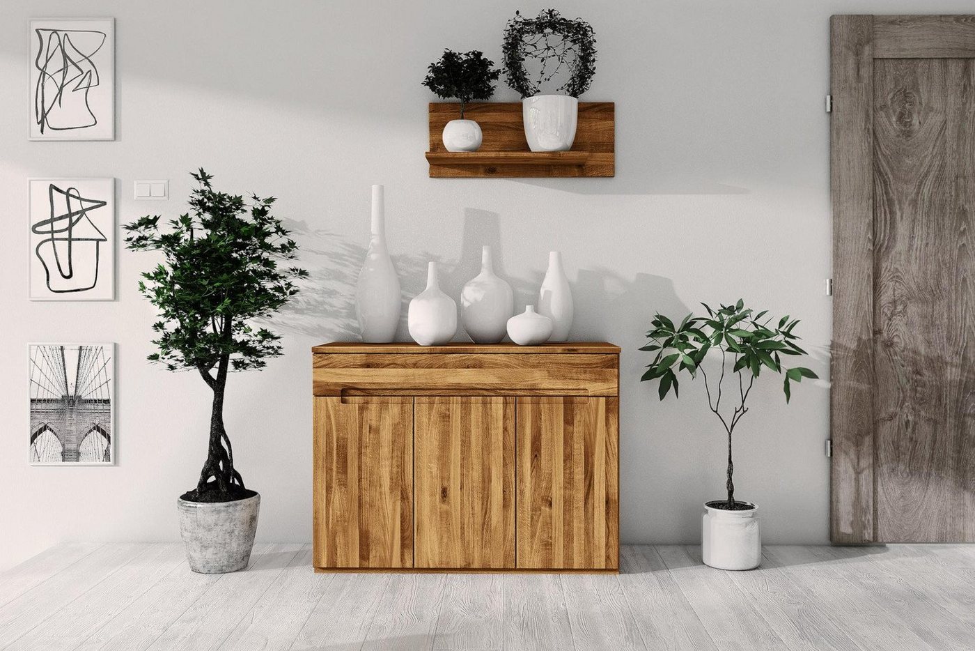 Natur24 Sideboard Kommode Bento Wildeiche massiv 111x45x83cm mit 3 Türen und 1 Schublade von Natur24