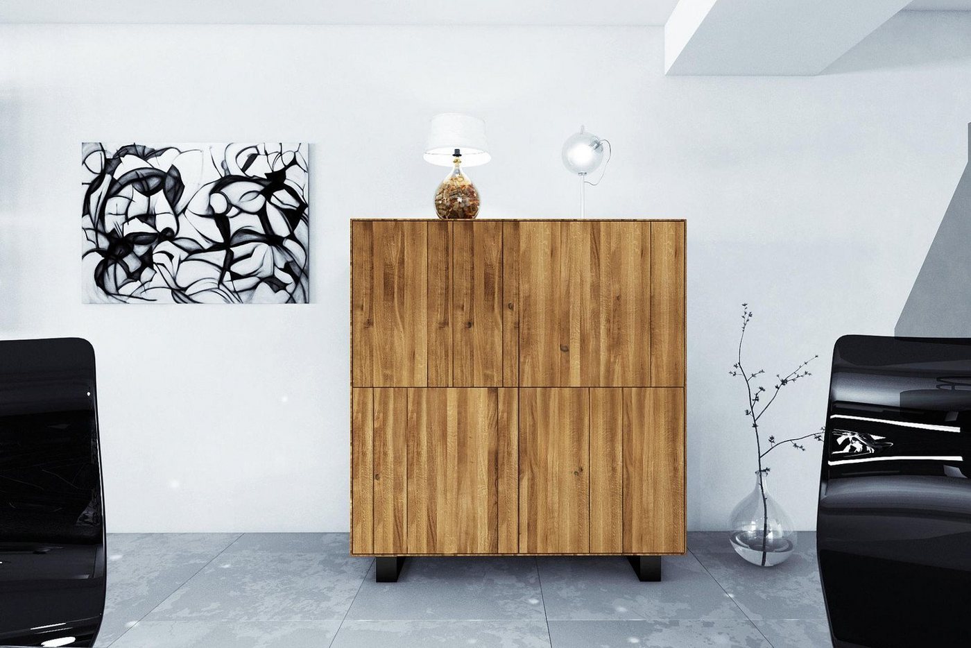 Natur24 Sideboard Kommode Leeds Wildeiche 132x50x143 gestell Schwarz mit 4 Türen von Natur24