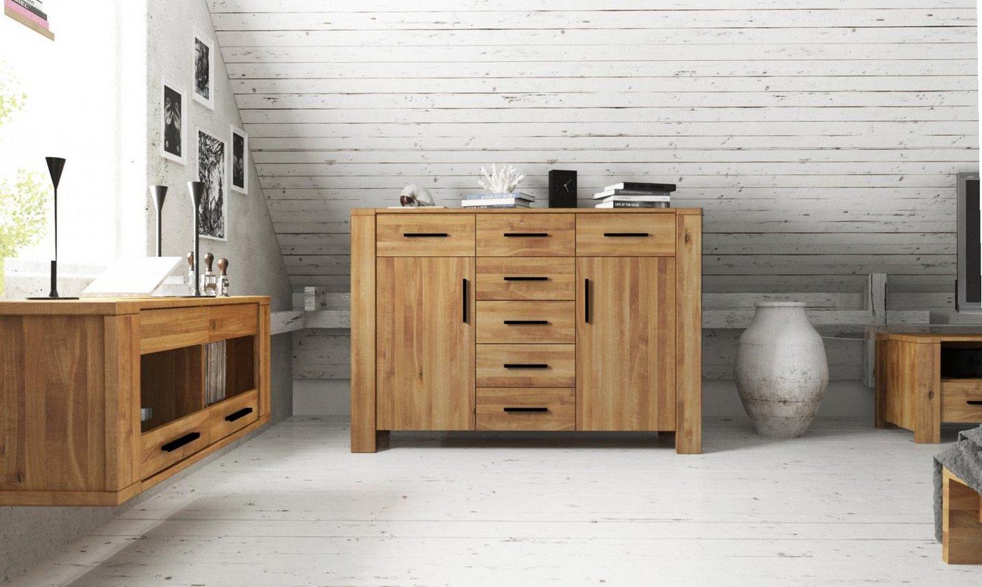 Natur24 Sideboard Kommode Lubic Wildeiche 155x45x109 m. 2 Türen 7 Schubladen Holzbeinen von Natur24