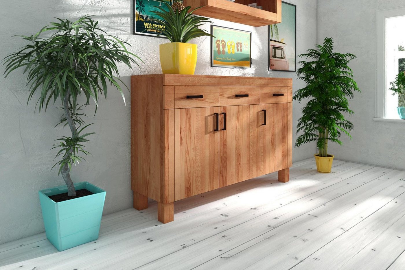 Natur24 Sideboard Kommode Ringo Kernbuche massiv 158x45x105 mit 3 Türen und 3 Schubladen von Natur24